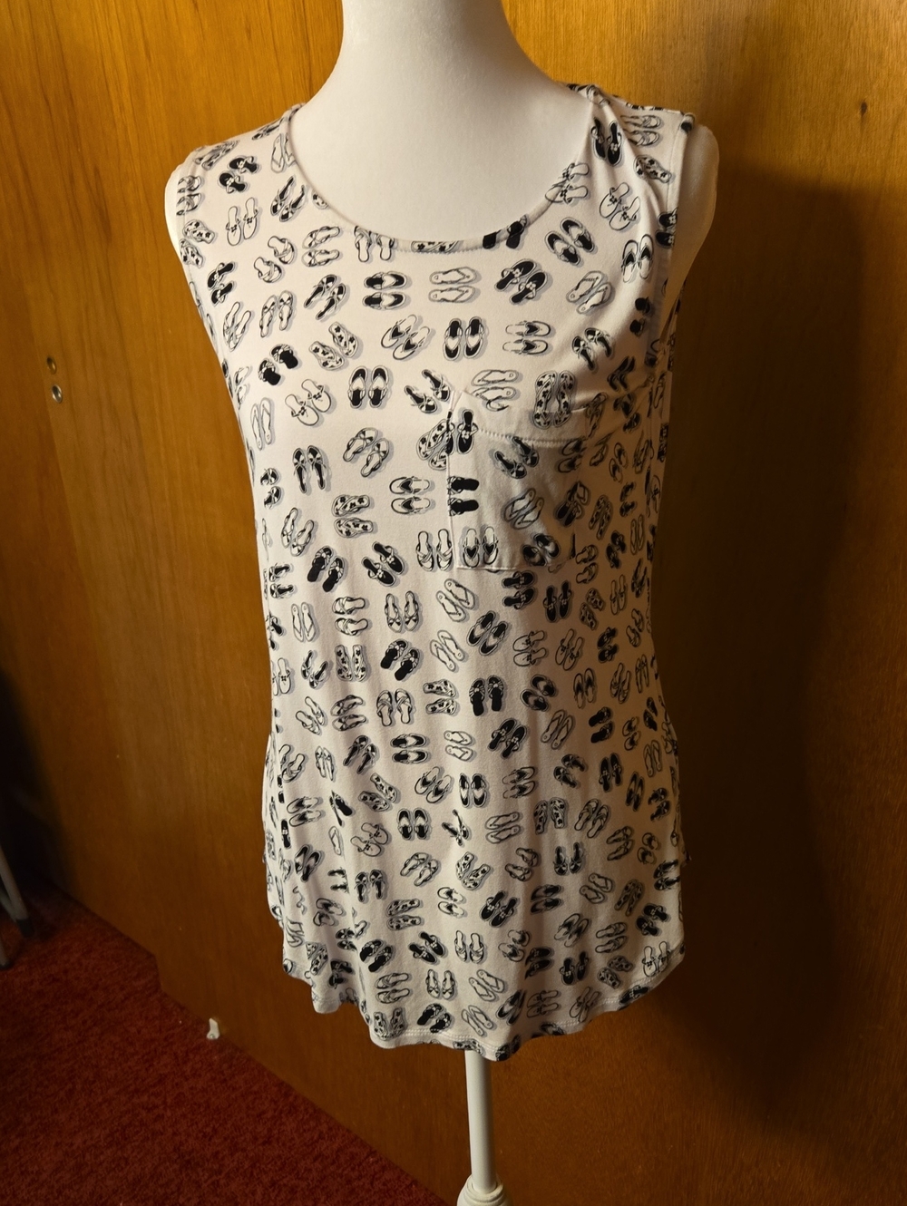 Women's White Sleeveless Pocket Tank with Black Shoe Print